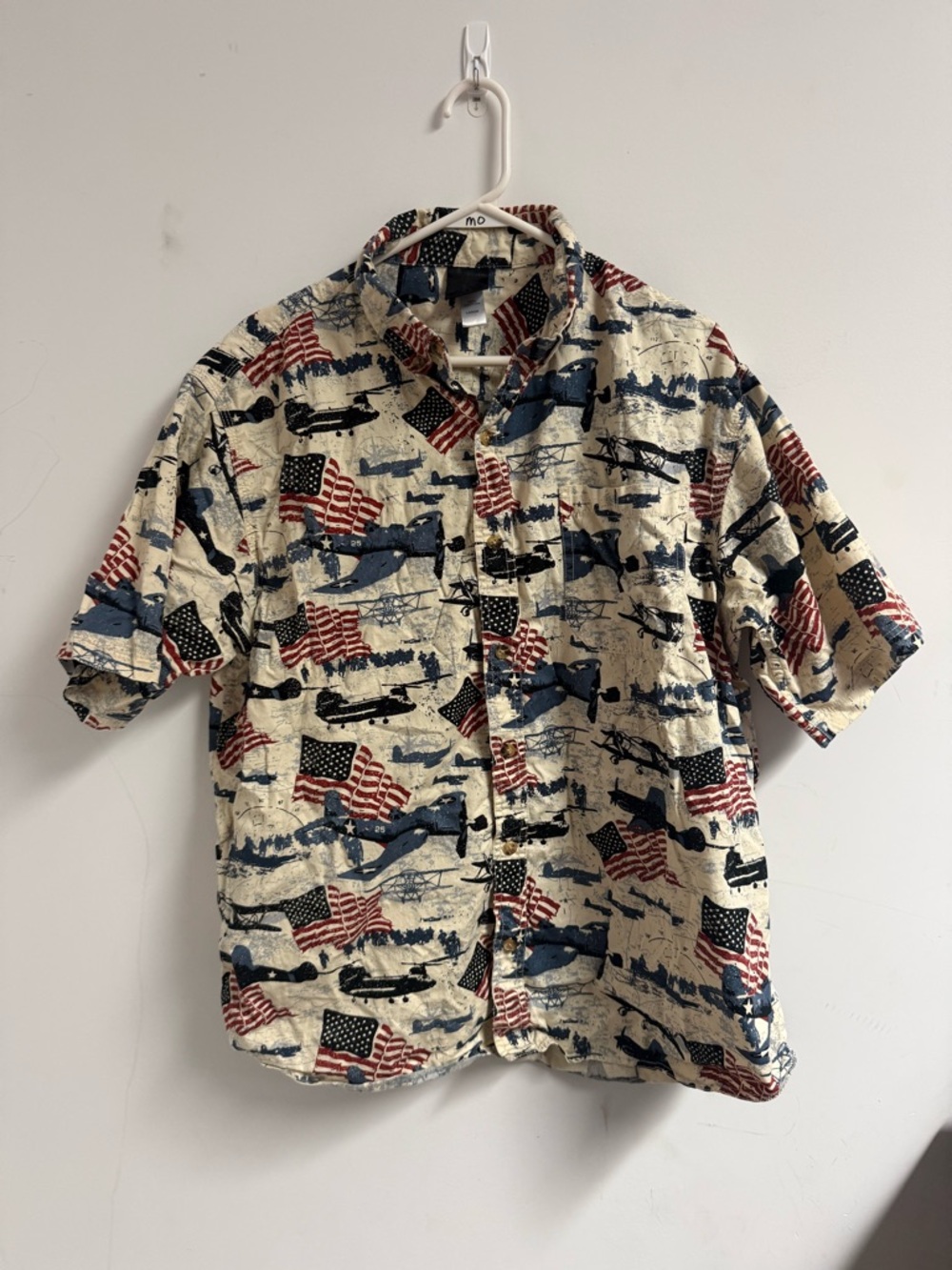 Men's Short-Sleeve Button-Up Shirt - Patriotic Flag Print, Cream/Blue/Red